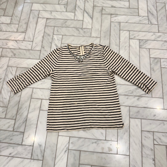 J.Crew Striped 3/4 sleeve tee Jewel embellished navy and cream - Picture 1 of 5